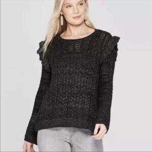 Knox Rose Sweater Large Black Metallic Ruffle Bell Sleeve Pullover Women's